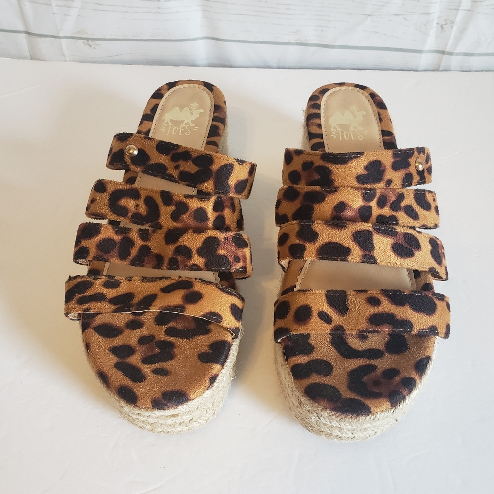 Camel Toes Leopard Print Wedge Sandals Open Toe Slip On Shoes Animal Print